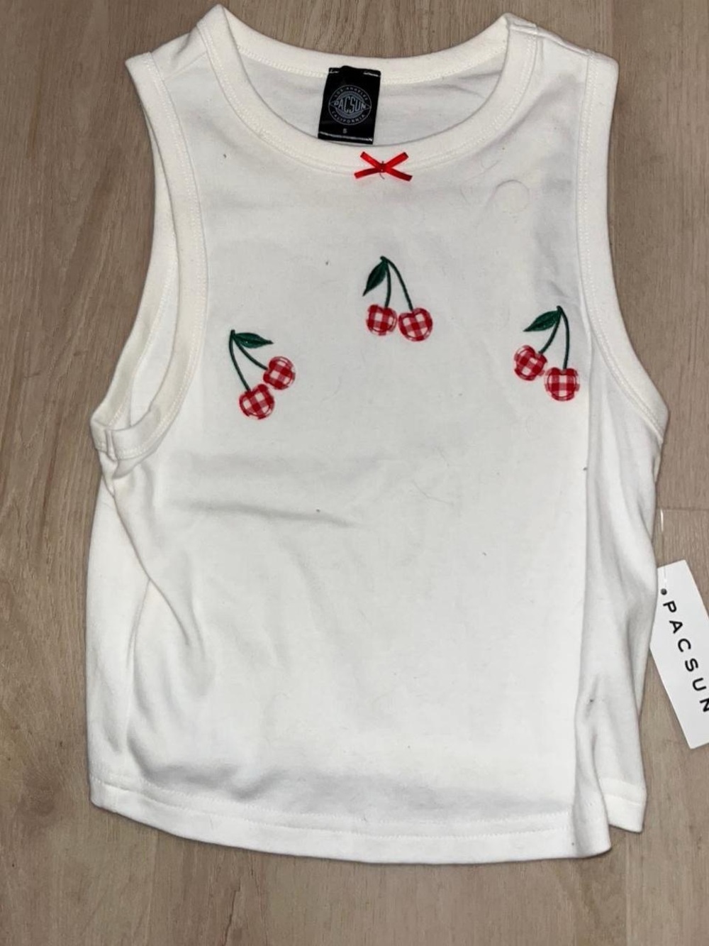 PacSun White Tank Top with Red Gingham Cherry Embroidery